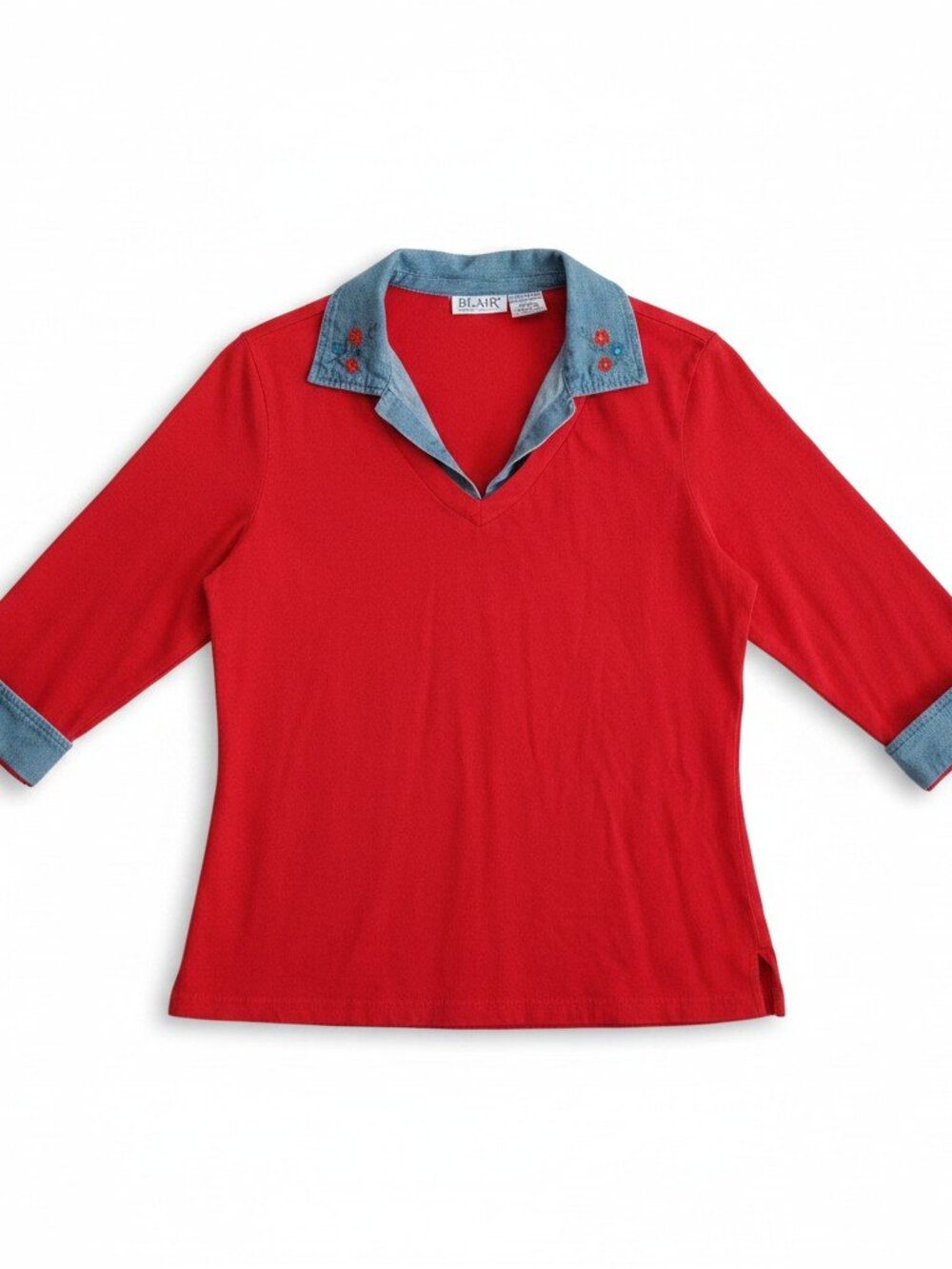 Vintage Blair Women Size Medium Embroidery Floral Collar Red Knit Shirt Academia
